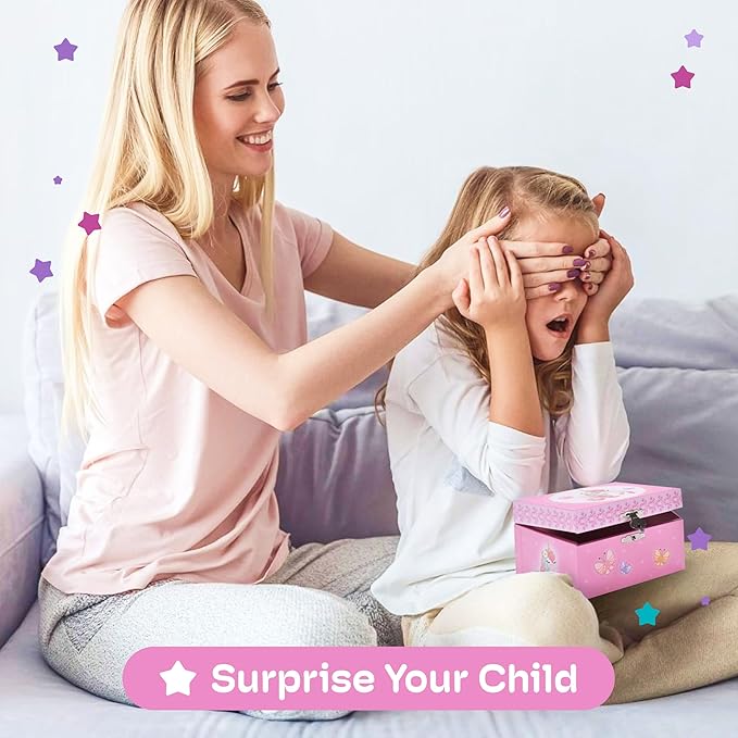 Jewelkeeper Unicorn and Butterfly Themed Jewellery Box Pink for Girls - Wooden Jewelry Box with Velvet Lining for Little Girl's Necklaces and Accessories - Spinning Unicorn Doll, Toys for Girls