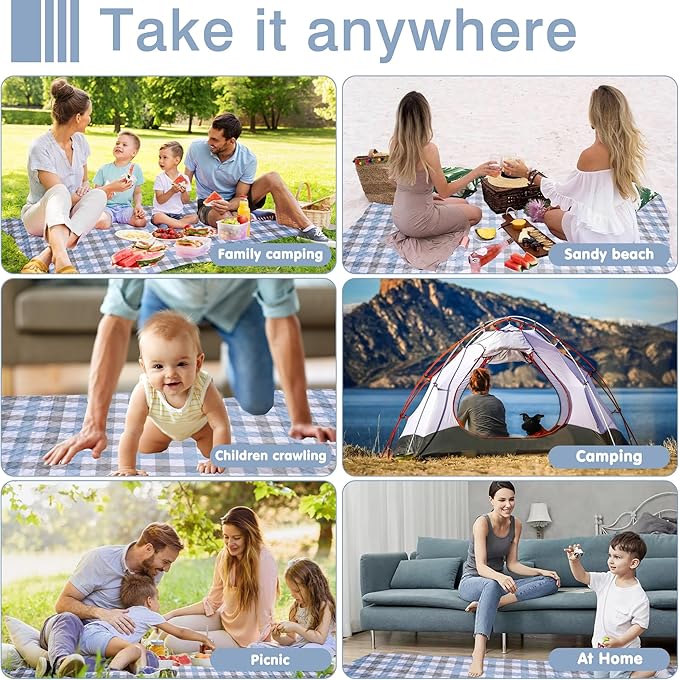 Extra Large Picnic Blanket 80''x 60'' Waterproof Foldable Picnic Mat for Beach, 5-Layer Outdoor Blanket for 6 to 8 Adults,Camping Grass Lawn Park Accessories Couple Park Wedding Registry(Blue Gray)