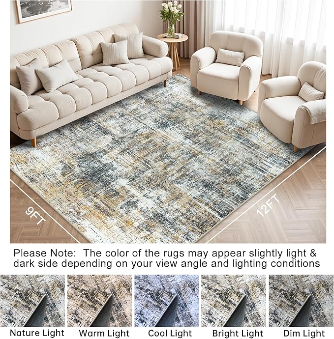 Area Rug 9x12 Washable Rugs: Abstract Large Living Room Rugs with Non-Slip Backing, Stain Resistant Indoor Floor Carpet for Bedroom Dining Room Table Nursery Hallway Home Office Brown/Gray