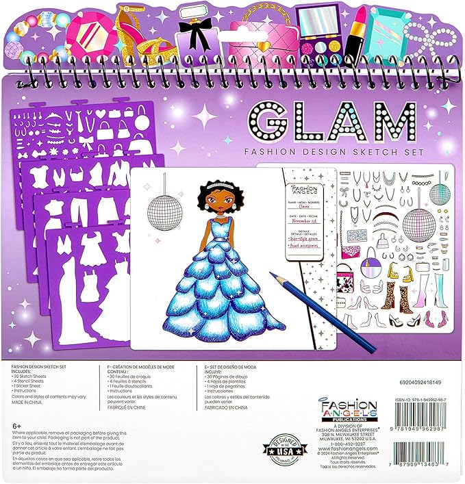 Fashion Angels Glam Fashion Sketch Set, Includes Sketch Pad with Stencils & Stickers, Fashion Design Sketch Book for Girls, Ideal Drawing Kit for Kids