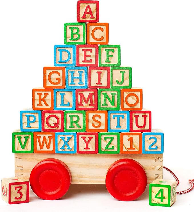 Building Blocks for Toddlers 1-3 Years Old, 30 Large Stackable Wooden Baby Blocks with Alphabet and Number Icons on Every Side, Toy Wagon Included