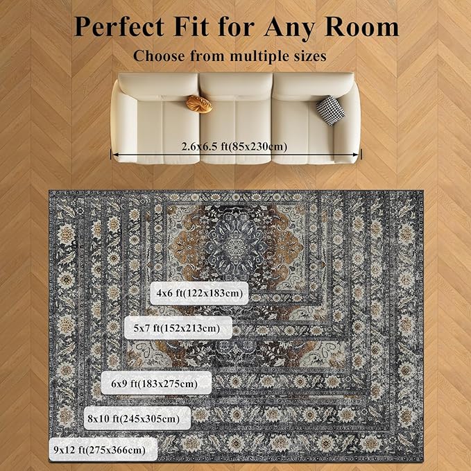 9x12 Area Rug Living Room Rugs, Stain Resistant Washable Rug, Vintage Large Non-Slip Backing, Low Pile Lightweight Print Rug for Bedroom Dinning Room Home Office (Tan/Gray)