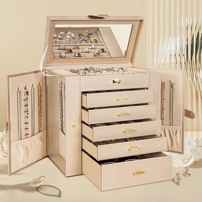 AKOZLIN Huge Jewelry Box Organizer Functional Extra Large Leather Jewelry Storage Case for Women Girls Ring Necklace Earring Bracelet Holder Organizer with Mirror