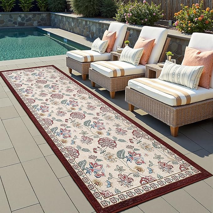 jinchan 3x10 Floral Runner Rug for Hallway Washable Kitchen Runner Vintage Romance Design Non Slip Thin Indoor Floor Cover Low-Profile Throw Carpet for Entryway Bathroom Bedroom Porch, Red/Beige