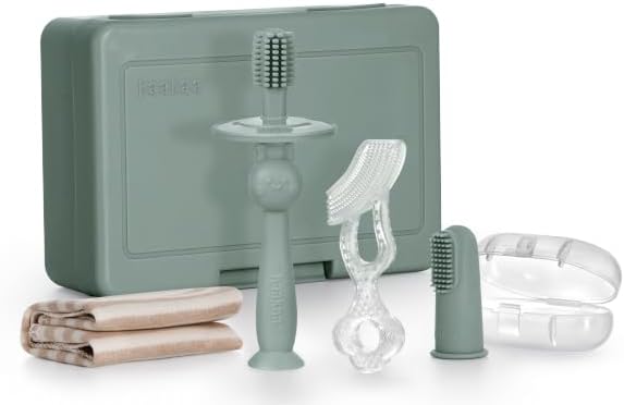 haakaa Training Toothbrush Set Oral Care Kit, Soft Silicone Toothbrush for Baby, Infants, Toddlers & Kids, Pea Green