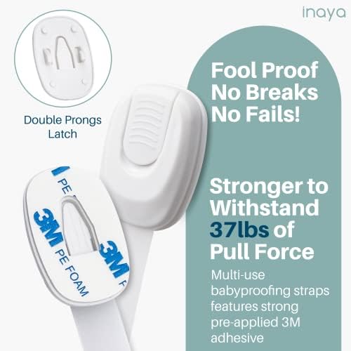 5-Pack Child Proof Cabinet Latches for Drawers, Cupboards, Fridge Toilet Seat, Dishwashers, Trash Can, Up to 37lb Pull Force - Adjustable Length, 3M Adhesive, No Drilling Child Safety Locks, White