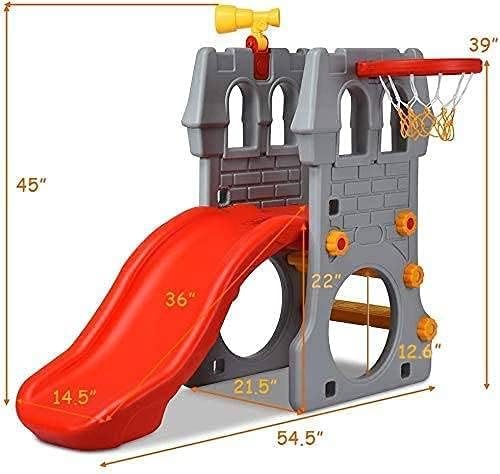 GLACER Toddler Slide, 5 in 1 Kids Climber Slide Playset w/Basketball Hoop, Telescope, Crawl Through Space, Easy Climb Stairs, Freestanding Slide Toddler Playground for Indoor and Outdoor