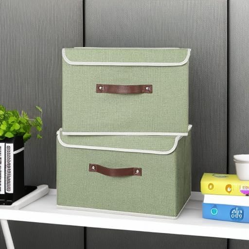 ANMINY 2PCS Storage Bins with Lid PU Leather Handles Storage Boxes PP Plastic Board Decorative Foldable Lidded Cotton Linen Fabric Home Cubes Baskets Closet Organizer Containers - Green, Large Size