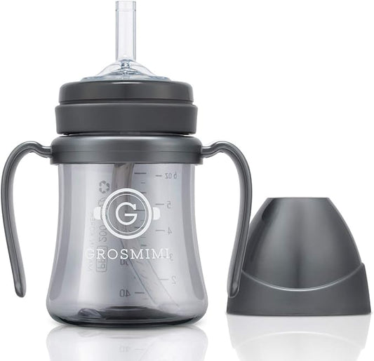 GROSMIMI Spill Proof no Spill Magic Sippy Cup with Straw with Handle for Baby and Toddlers, Customizable, PPSU, BPA Free 6 oz (Charcoal)