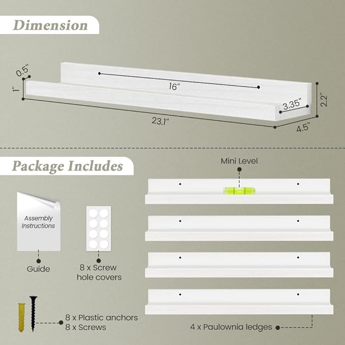 Forbena 24 Inch White Floating Shelves for Wall Set of 4, Wood Nursery Book Shelves for Kids Bedroom, Long Picture Ledge Shelf with Lip for Living Room Bathroom Office and Baby Wall Bookshelf