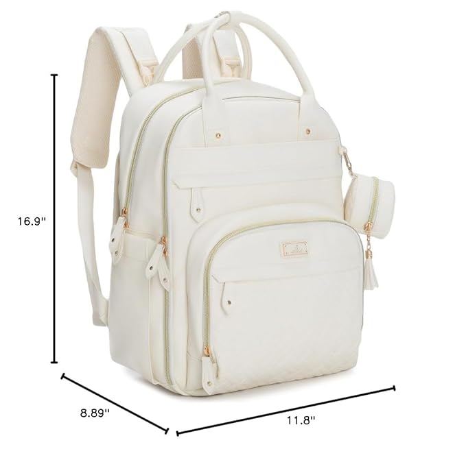 BabbleRoo Leather Diaper Bag Backpack - Baby Essentials Travel Baby Bag, Multi function, Waterproof, with Changing Pad, Stroller Straps & Pacifier Case – Unisex, Eggshell White