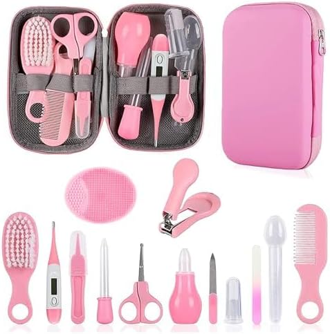 Baby Grooming Kit, Infant Safety Care Set with Hair Brush Comb Nail Clipper Nasal Aspirator,Baby Essentials Kit for Newborn Girls Boys (Pink Baby Grooming kit)
