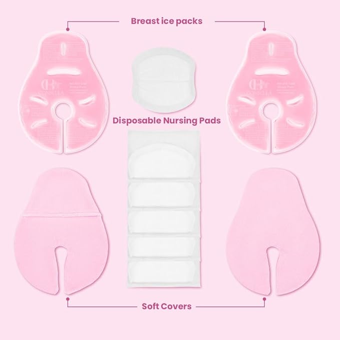 2 Larger Breast Ice Packs with Soft Covers and 6 Breast Pads for Leaking Milk, Hot and Cold Breast Therapy Packs, Breastfeeding Essentials for Relief of Clogged Ducts, Nipple Pain, Engorgement(Pink)