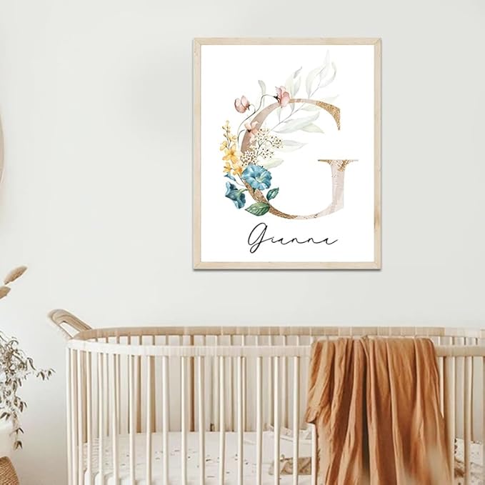 IZI POD Personalized Wooden Name Sign, Floral Monogram Nursery, Nursery Name Sign Boho Floral Pattern, Baby Name Sign, Wooden name signs for nursery, Wildflower Decor, Name signs for kids room gift/15, Design 15