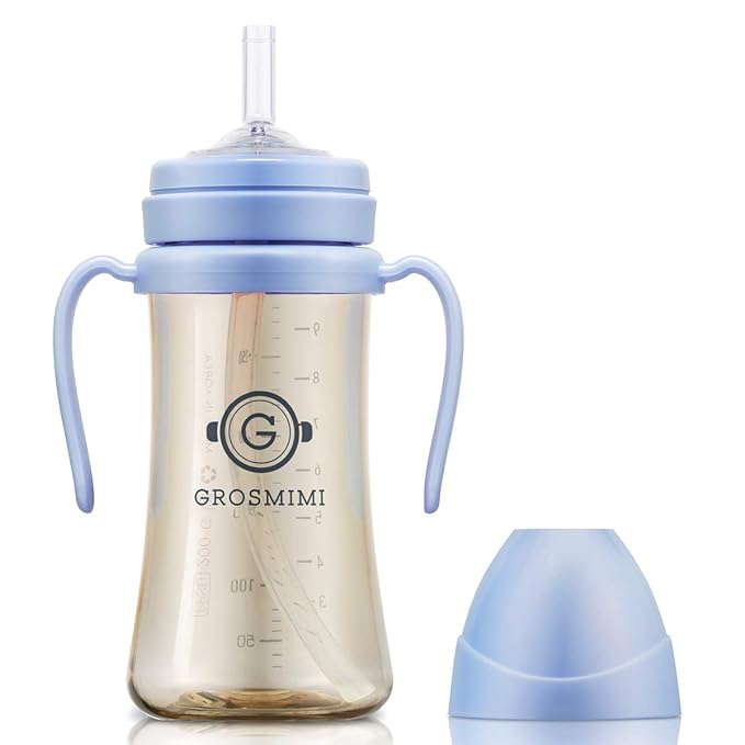 GROSMIMI Spill Proof no Spill Magic Sippy Cup with Straw with Handle for Baby and Toddlers, Customizable, PPSU, BPA Free 10 oz (Sky blue)