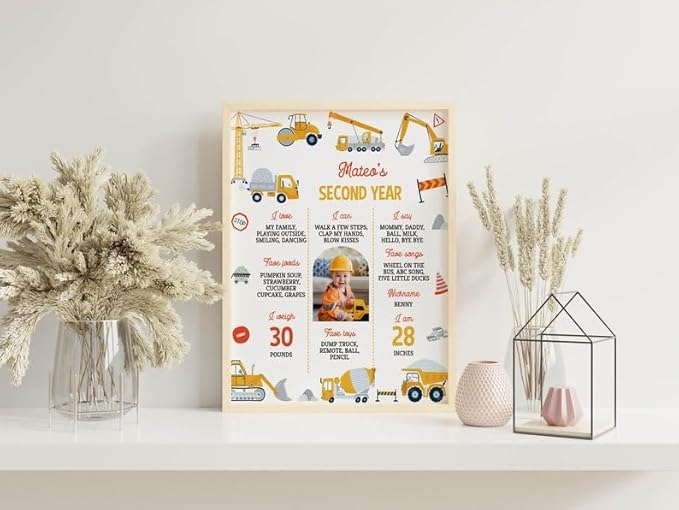 Generic Personalized Construction Birthday Milestone Sign, Boy 1St Birthday Photo Milestone Poster, Dump Truck Milestone Board, Design 09