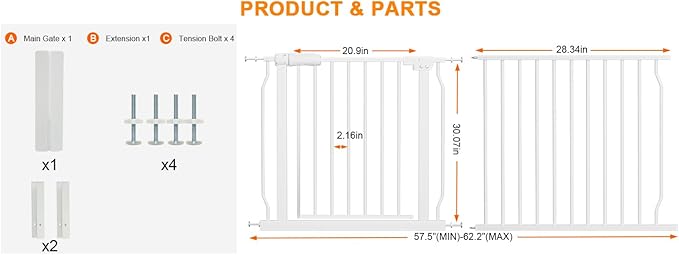 HOOEN Extra Wide Baby Gate for Stairs Doorways Hallways Tension Baby Gate Walk Through Child Gates for Kids or Pets Indoor Safety Gates 57.5-62 Inch