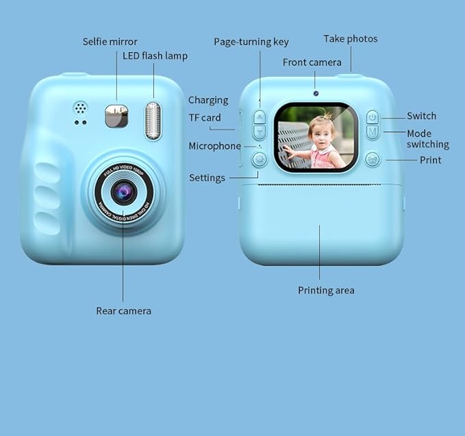 Instant Print Camera for Kids, 2.0" IPS Screen with Video Recording, 32GB Expandable, 1800mAh Battery, Includes 40+ Zink Paper, Birthday Gift for Girls Boys Age 3-12