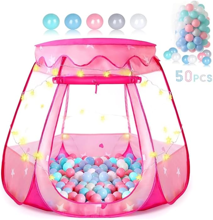 Baby Ball Pit for Toddler with 50 Balls, Pop Up Princess Tent with Star Lights for 1 2 3 Year Old Birthday Gift, 12-18 Months Baby Girl Toys with Carrying Bag, Indoor&Outdoor Play Tent for Kids