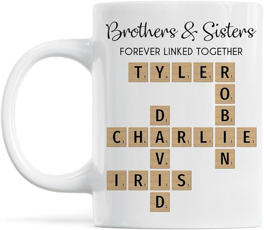 Family Forever Linked Together Custom Names Ceramic Mug, Crossword Puzzle Art, for Birthday, Anniversary or Special Occasions (Brothers & Sisters Forever Linked Together White Mug Ver 2)