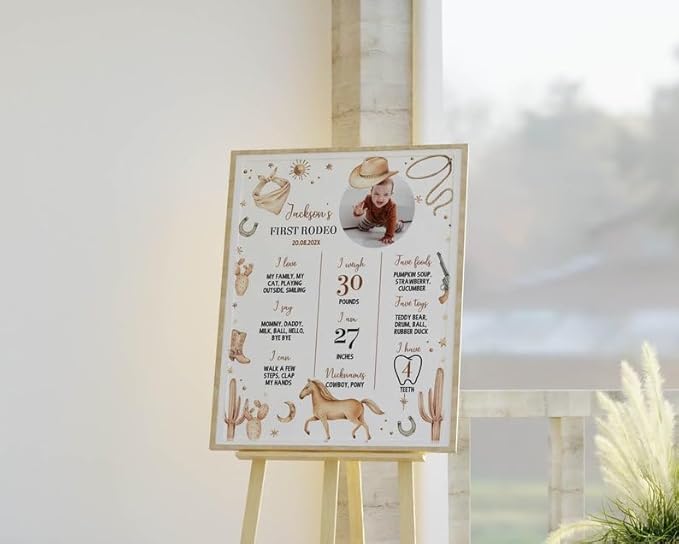 Generic Personalized First Rodeo Milestone Sign, Cowboy 1St Birthday Photo Milestone Poster, Wild West First Birthday Board, Design 015