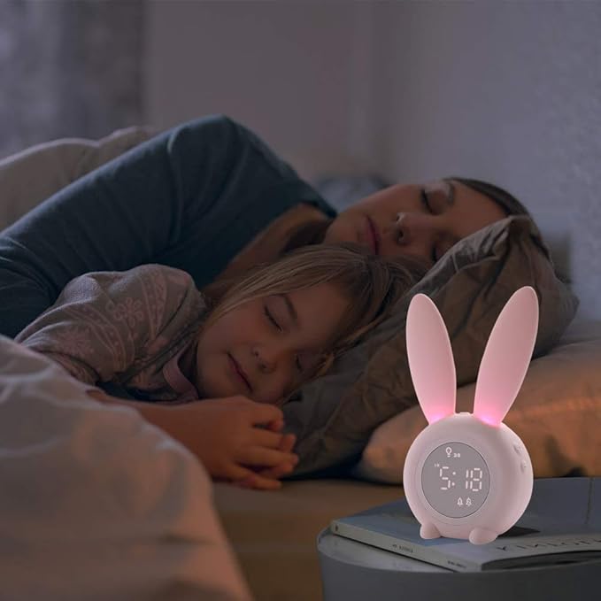 KDtech Kids Alarm Clock with Night Light 6 Ringtones, Cute Pink Bunny Digital Alarm Clock for Kids, Touch Control and Rechargeable Sleep Trainer Clock for Boys Girls Bedroom