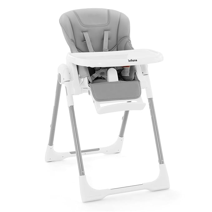 INFANS High Chair for Babies & Toddlers, Foldable Highchair with Multiple Adjustable Backrest Footrest Seat Height, Removable Tray, Detachable PU Leather Cushion, Built-in Rear Wheels (Light Grey)