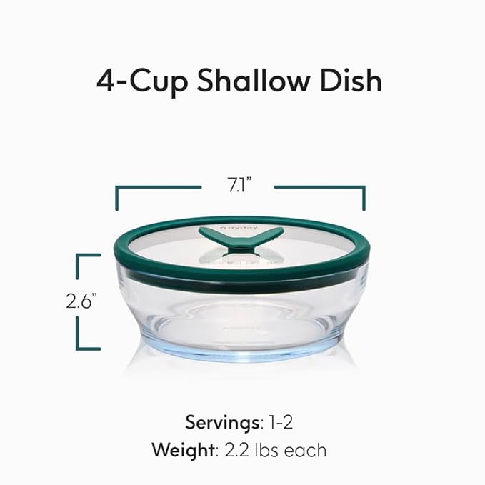 Anyday 4-Cup Glass Food Storage with Glass Lid, Round Shallow Dish | Plastic-Free Meal Prep & Microwave Cookware | Stackable Airtight Storage Container with Vented Lid for Microwave-Safe Reheating