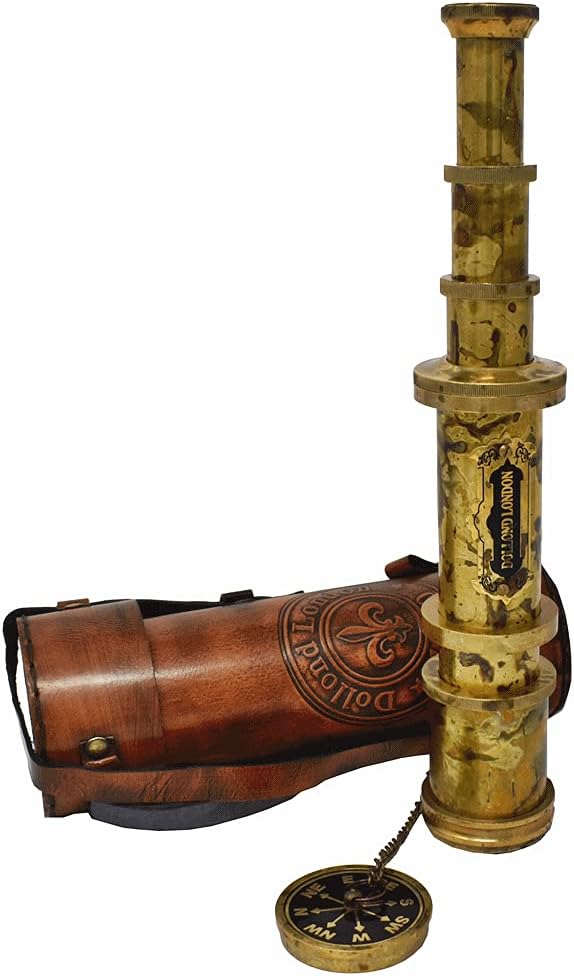 Antique Brass Pirate Telescope Camping Accessories Telescope for Adults Marine Sailor's Spyglass, 18 inch Brass Made w High Resolution Magnification w Brown Leather Case Nautical Gift