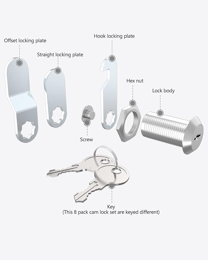 8 Packs Drawer and Cabinet Locks (Keyed Different) Secure Important Files, 1-1/8Inch 30mm Cam Locks with 3 pcs Different Lock Plates for Cabinet Cupboard File Drawer Mailbox Dresser Kitchen