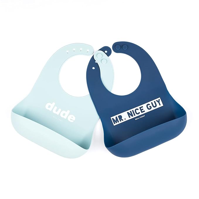 Baby Bib for Eating by Bella Tunno, Set of 2 Waterproof Silicone Bibs with Large Food Catcher, Adjustable Fit for Babies 4-12 months & Toddlers 1-3 Years, Boys & Girls, Dude & Mr Nice Guy