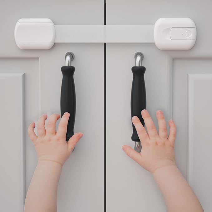 4our Kiddies Child Safety Cabinet Locks for Babies (2 Pack) Child Proof Latches for Cabinets and Drawers Doors, Baby Proofing Cabinet Strap Locks for Cupboards, Fridge, Toilet and Closet