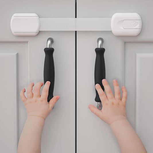 4our Kiddies Child Safety Cabinet Locks for Babies (2 Pack) Child Proof Latches for Cabinets and Drawers Doors, Baby Proofing Cabinet Strap Locks for Cupboards, Fridge, Toilet and Closet