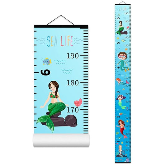 Baby Height Growth Chart - Canvas Height Chart for Kids Baby Child Toddler Boys Girls Growth Chart for Wall Room Nursery Decor Hangable and Removable Measuring Wall Ruler (Mermaid, Black Wood)