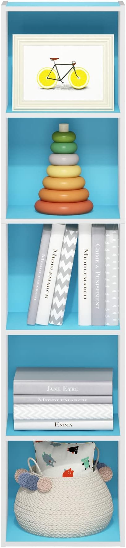 Furinno Luder Bookcase / Book / Storage, 5-Tier Cube, Light Blue/White