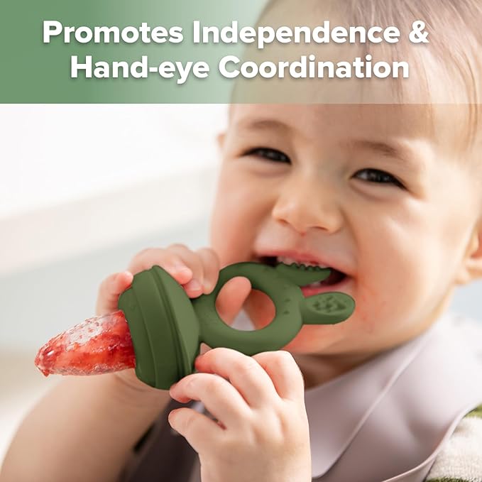 Haakaa Baby Fruit Food Feeder & Mini Freezer Nibble Tray Combo, Breastmilk Popsicle Molds for Baby Cooling Relief, BPA Free Silicone Feeder for Safe Infant Self Feeding, 4 Month+(Olive Green)