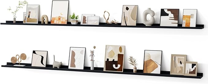 Floating Picture Ledge Shelves for Wall Set of 2, 95 Inches Picture Ledge Shelf with Long Large Nursery Book Shelf for Toys Storage Kids Bookshelf Wall Mounted Living Room Bedroom Decor Frames, Black
