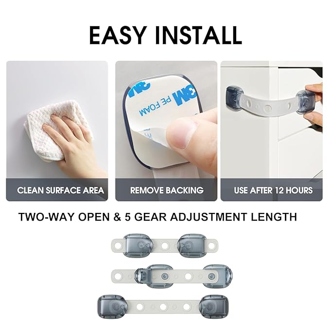 5 Pack Cabinet Locks Baby Proofing, Child Proof Cabinet Locks with Sticky Adhesive Pads, Child Locks for Cabinets and Drawers, RV Refrigerator, Oven Lock Child Safety Baby Cabinet Locks