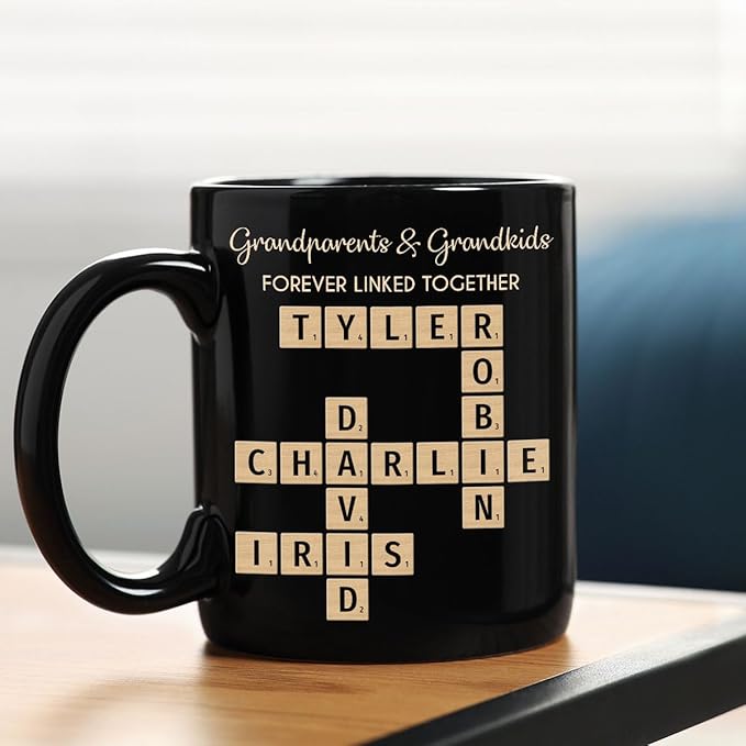 Family Forever Linked Together Custom Names Ceramic Mug, Crossword Puzzle Art, for Birthday, Anniversary or Special Occasions (Grandparents & Grandkids Forever Linked Together Black Mug)