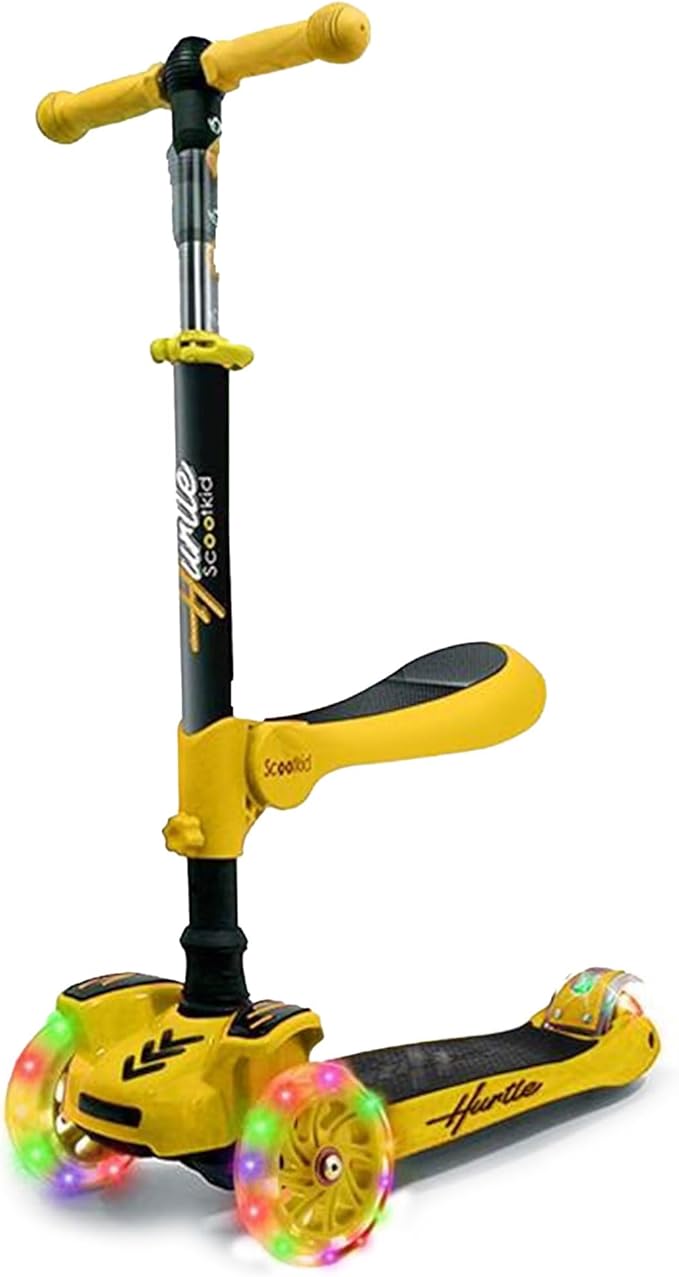 Hurtle 3-Wheeled Scooter for Kids - Wheel LED Lights, Adjustable Lean-to-Steer Handlebar, and Foldable Seat - Sit or Stand Ride with Brake for Boys and Girls Ages 1-14 Years Old