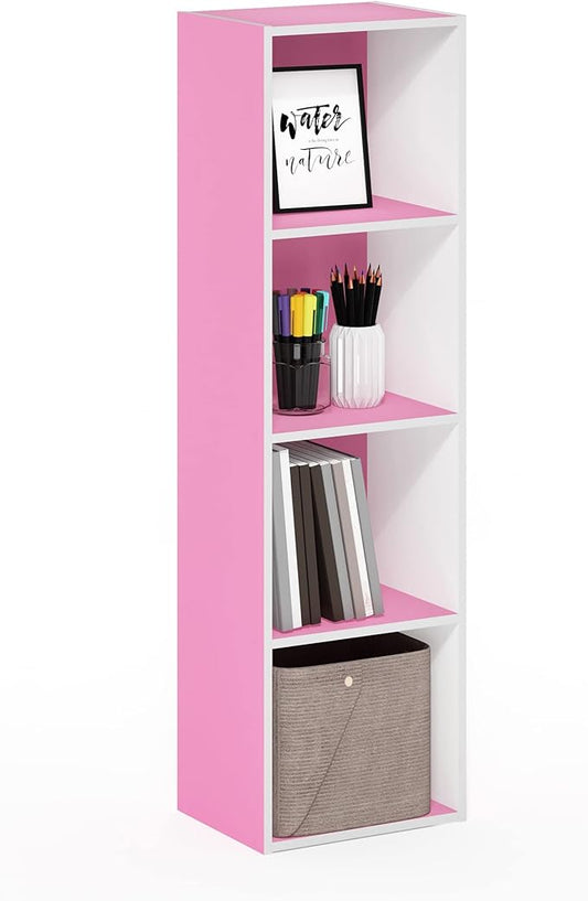Furinno Luder Bookcase / Book / Storage, 4-Tier Cube, Pink/White