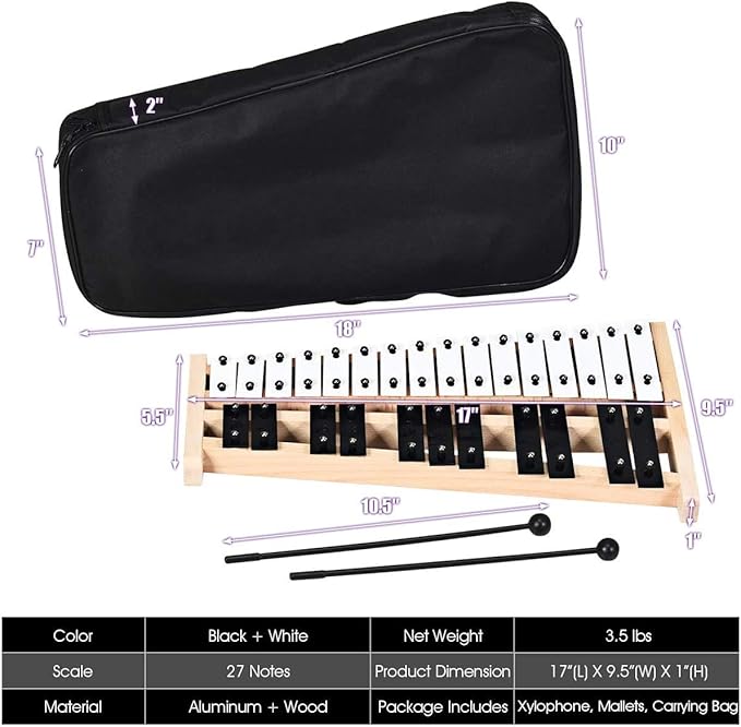 Giantex 27 Note Glockenspiel Xylophone, Percussion Instrument with Wood Base and 27 Metal Keys, Alto Full Size Glockenspiel Xylophone for Adults and Kids- Includes 2 Mallets and Carrying Bag