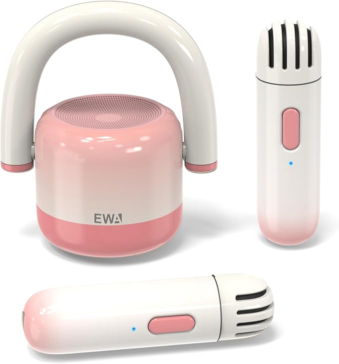 EWA Portable Mini Metal Karaoke Machine, Bluetooth Karaoke Speaker with 2 Wireless Microphones, Ideal Gifts for Girls Boys Family Home Party Birthday Christmas Toys Gifts-(Pink)