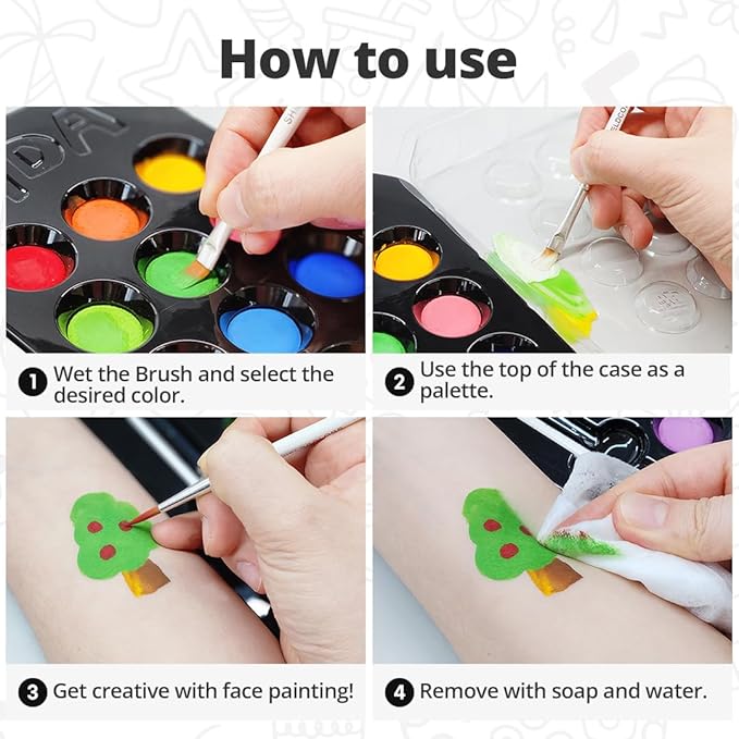 Grida Kids Friendly Face Paint - Professional Party Face Painting Kit for Kids with 12 Vibrant Colors with Double White - Easy to Remove, Vegan, Cruelty-Free Set with Palette & Art Brushes