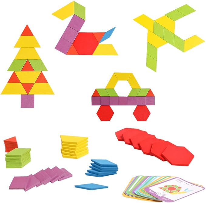 JCREN Wooden Pattern Blocks Montessori Toys Shape Puzzles Kindergarten Classic Educational Tangram Geometric Brain Teaser Toys Best STEM for Kids Ages 4-8 with 24 Pcs Design Cards