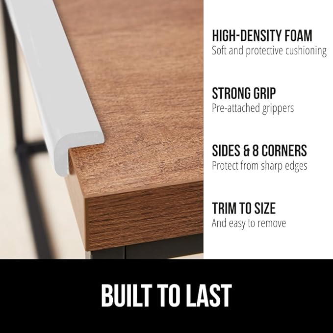 GORILLA GRIP Baby Proof Corners and Edges for Furniture, Kid Proofing Adhesive Table Corner Protectors, Heavy Duty Soft Rubber Foam Protection, Includes 8 Protective Safety Guards, 10 Feet, Off White
