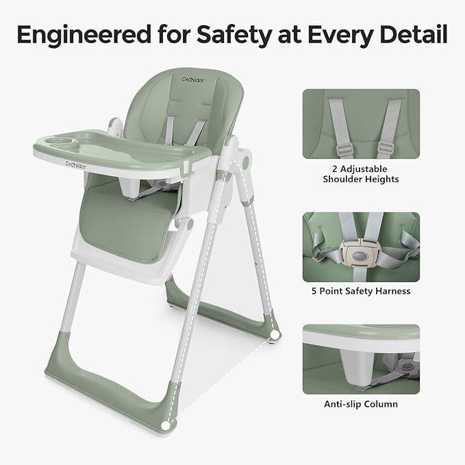 3-in-1 Foldable High Chair for Babies & Toddlers – Adjustable Height, Reclining Seat, 5-Point Safety Harness, Removable Tray, Lockable Wheels, Washable Cushion – Portable & Easy Clean, Green
