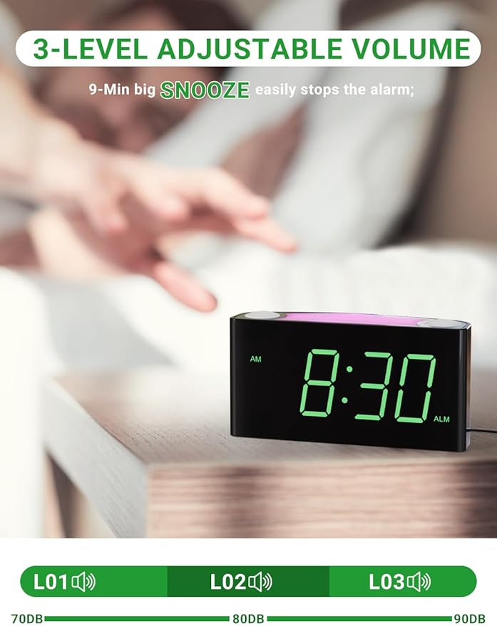 Alarm Clock for Bedroom, 7.5" Large Display LED Digital Clock with 7 Color Night Light,USB Phone Charger,Dimmer,Battery Backup,Easy to Set Loud Bedside Clock for Heavy Sleepers Adult Teen Kid Boy Girl