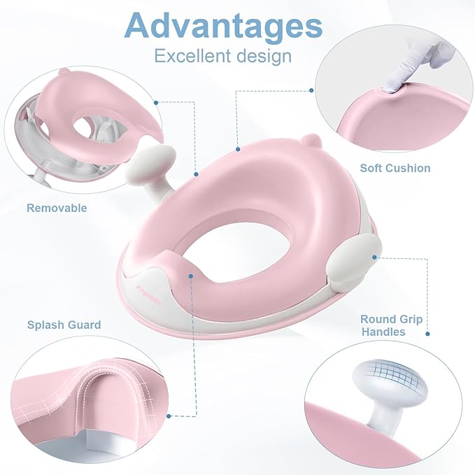 ANGELBLISS Baby Potty Training Toilet Seat with Soft Cushion Handles, Haute Collection, Double Anti-Slip Design and Splash Guard for Boys and Girls (Pink)