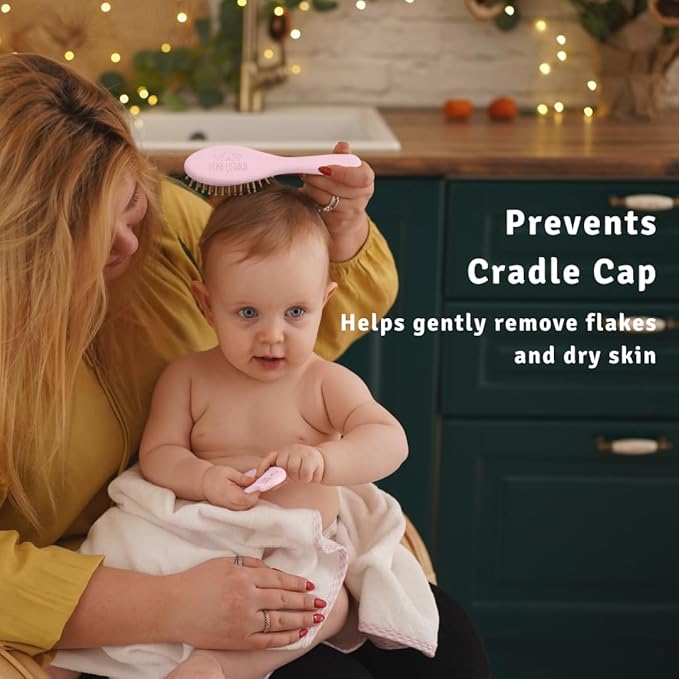 Baby Hair Brush Set for Newborns - Baby Brush and Comb Set - Ultra Soft Goat Hair Bristles, Perfect for Cradle Cap, Newborn Showers & Registries Gift, Comb Brush for Girls & Boys (Rosa)